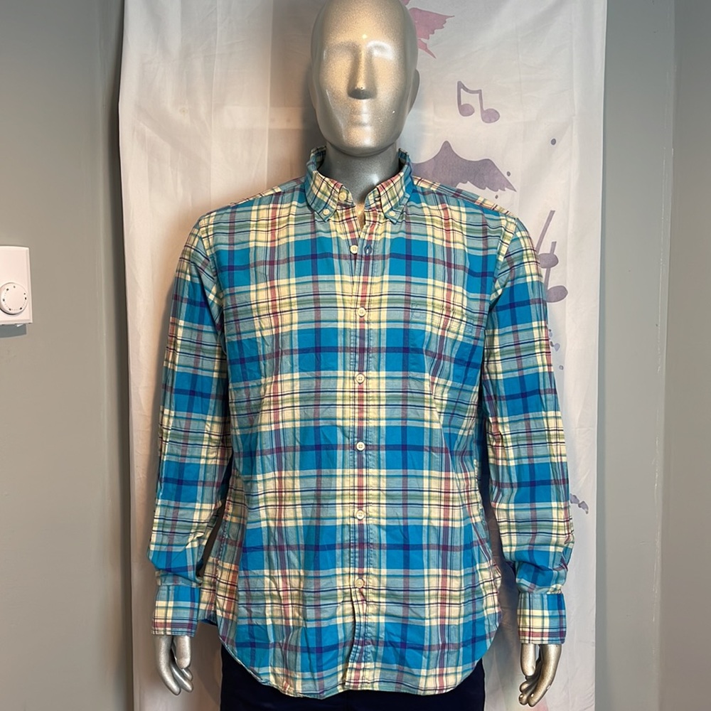 J. Crew 100% Cotton Summer Plaid Long Sleeve Casual Shirt Turquoise Size XL
